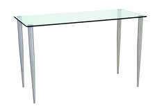 a glass table with metal legs on a white background