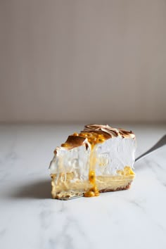 a piece of cake sitting on top of a white counter