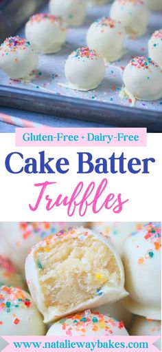 cake batter truffles with white frosting and sprinkles