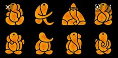 an orange cartoon character sitting down with different expressions on it's face and body