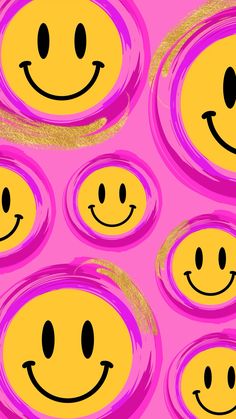 a group of yellow smiley faces with pink circles in the middle, on a pink background