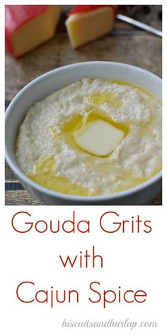 a bowl of cauliflower and cheese with the words goudaa grits with cauni spice