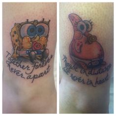 two tattoos on the legs of people who are both wearing different designs and sayings