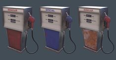 three different types of gas pumps with red, white and blue paint on them are shown