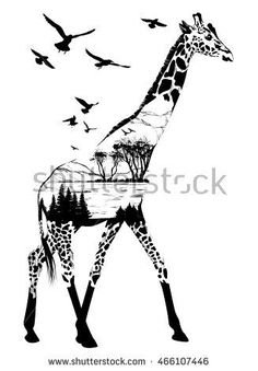 a giraffe with birds flying around it and trees on the other side, in black and white