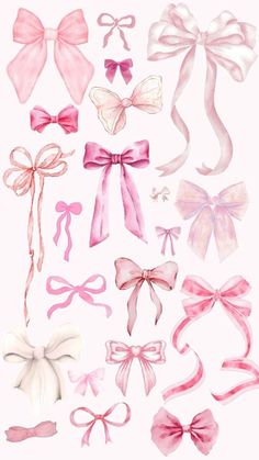 a bunch of pink bows and ribbons on a white background