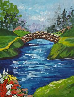 a painting of a bridge over a river with flowers in the foreground and trees on either side