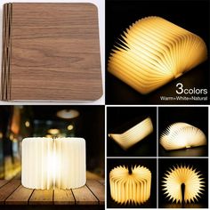 the book light is made from wood and has three different types of lights on it