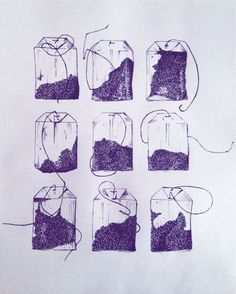 six drawings of different shapes and sizes of bags with string attached to the sides, all in black ink on white paper