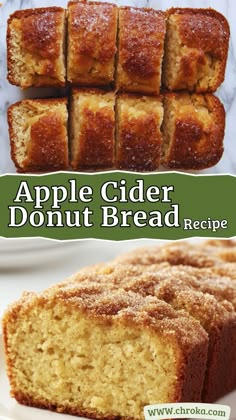 an apple cider donut bread recipe on a plate with the title above it