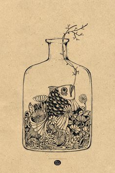 an old book with a glass bottle filled with different things in it's bottom