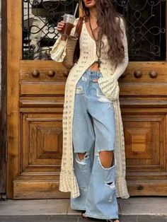 Streetwear Knitted Long Sleeve Casual Beach Party Long Flare Dresses Women Chic Slim Hollow Out 2024 Boho Inspired Outfits Bohemian Style, Boho Street Style 2024, Bohemian Goth Outfits, Ethereal Casual Outfit, Country Goth, Clockwork Creepypasta, Bohemian Witch, Looks Hippie, Look Boho Chic