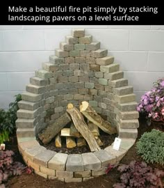 an image of a fire pit made out of bricks and logs with the words harry munnir, kyan munier, mi jahriing make a beautiful fire pit simply by stacking landscaping paves on a level surface