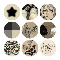 six different pictures with black and white images on them, including zebras, cats, stars, and people