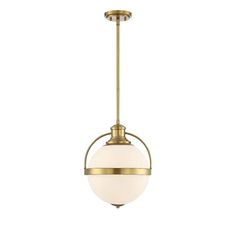 an antique brass finish hanging light with white glass globe shades and a gold metal frame