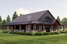 this is an artist's rendering of a house in the country style with stone and metal accents