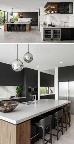 a modern kitchen with marble counter tops and black cabinets, along with bar stools