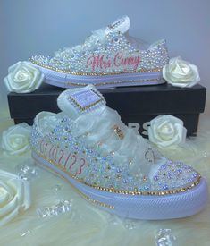 Bling Converse Wedding, Upcycled Sneakers, Quince Shoes Sneakers, Birthday Party Sweet 16, Bling Wedding Shoes, Diy Wedding Shoes, Bedazzled Shoes Diy, Bling Sneakers, Wedding Shoes Sneakers