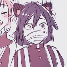 two anime characters with masks on their faces, one wearing a face mask and the other in