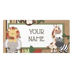 an animal themed name tag with zebras, giraffes and other animals