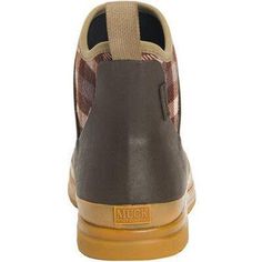 men's shoes in grey and brown with yellow soles on the bottom, side view