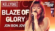 a woman singing into a microphone with the words blaze of glory in front of her