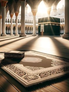 the sun shines brightly through an open area with pillars and arches, while a rug lays on the floor