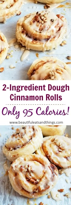 cinnamon rolls with icing and nuts on top are shown in three different pictures, one is