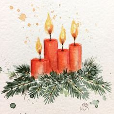 watercolor painting of three candles with pine branches