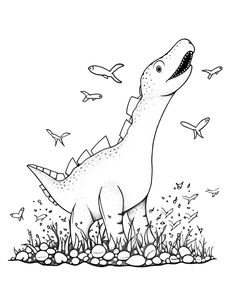 a black and white drawing of a dinosaur in the grass with seagulls flying around