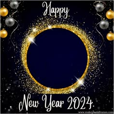 a happy new year's card with gold and silver decorations on a black background