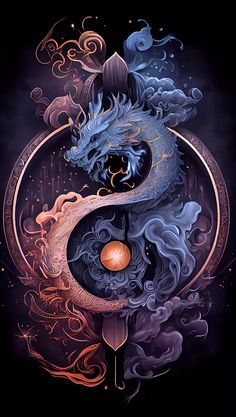 an artistic painting with a dragon and moon in the middle, on a black background