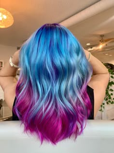 Hair Color Blue And Pink, Blue Hair With Pink Tips, Blue Color Melt Hair, Light Blue And Pink Hair, Blue And Magenta Hair, Hot Pink And Blue Hair, Turquoise And Pink Hair, Curly Fantasy Hair, Vivid Summer Hair Color