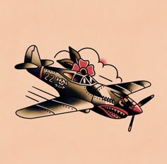 a drawing of an old style airplane with a flower on it's nose and wings