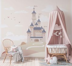 a child's bedroom with a pink castle wall mural