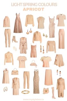 Apricot Outfit Ideas, Light Spring Palette Outfits, Spring Color Analysis Outfits, Light Spring Clothes, Light Spring Color Palette Outfits Capsule Wardrobe, Soft Spring Outfits, Light Spring Outfits Color Palettes, Spring Warm Outfits, Light Spring Capsule