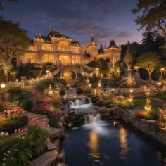 a large house with a waterfall in the middle of it at night, surrounded by flowers and greenery