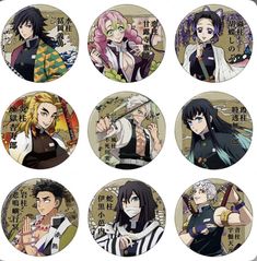 six anime buttons with different characters on them