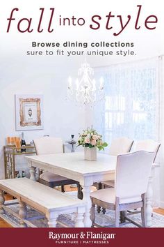 a white table with chairs and a chandelier hanging from it's ceiling