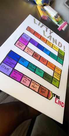 a person holding up a sign that says laxand and has colorful squares on it