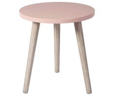 a small pink table with wooden legs on a white background, it looks like an end table