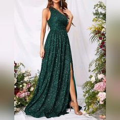 New Luxe Sequin Draped One Shoulder Maxi Dress * Sleeveless * One Shoulder * Draped Asymmetrical Neck * High Waist * Flared A Line Maxi Skirt * Split Leg Front * Zip *Approximate Unstretched Measurements* Xs(2) * Bust 27.25"(Up To 34") * Waist Up To 26" * Length 55.5" Small (4) * Bust 29"(Up To 35.25") * Waist Up To 27.5" * Length 55.75" Medium (6) * Bust 31"(Up To 37") * Waist Up To 29" * Length 56" Large (8/10) * Bust 33"(Up To 39.5") * Waist Up To 31.5" * Length 56.25" Xl (12) * Bust 35"(Up T Wedding Dresses For Kids, Dresses Shein, Wedding Dress Sequin, Sequin Formal Dress, Sequin Wedding, Sequin Prom Dress, One Shoulder Gown, Green Sequins, Bodycon Dresses