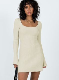 Long sleeve mini dress Slim fitting 75% acrylic 25% nylon Ribbed knit material Scooped neckline Lace-up fastening at back Flared sleeve Good stretch Unlined Brunch Dress, Dress Slim, Dress Beige, Long Sleeve Knit Dress, Clothing Details, Knitwear Dress, Ribbed Dresses, Long Sleeve Mini, White Mini Dress