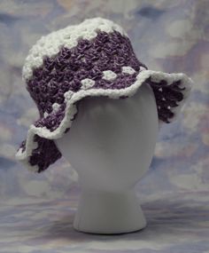 Crochet bucket hat in purple and white.  Hand crafted from acrylic yarn Adjustable White Crochet Bucket Hat, Purple Yarn Crochet Bucket Hat, White Hand-knitted Crochet Bucket Hat, Adjustable Purple Crochet Bucket Hat, Crochet Loom, Cheap Purple Crochet Hat, One Size, Crochet Bucket, Crochet Bucket Hat, Crochet Inspo