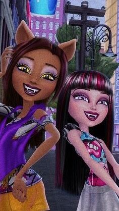 two cartoon characters standing next to each other on a city street with buildings in the background