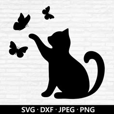 a black cat with butterflies on it's back and the words svg dxf