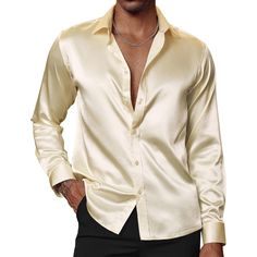 Fabric: Mens Satin Shirt Is Delicate, Shiny Silk Like Fabric Exudes Elegance And Sophistication, Smooth Satin Finish Feels Great Against Skin, Lightweight And Draped Very Well, Nice Silky Comfy To Wear Match Tips: Our Satin Dress Shirt Is Long Enough To Tuck Into Pants Or To Leave Out And Hang Loosely, Whether Pair With Black Pants, Or With A Dress Suit Jacket Or Tuxedo Is A Good Choice. Need To Add A Little Pizazz To Your Outfit? Get This Shirt Now Occasions: Men's Long Sleeve Dress Shirt Is Su Mens Satin Shirt, Wedding Party Night, Night Out Club, Satin Shirts, Shirt Wrinkles, Shirt Jacket Men, Satin Shirt Dress, 70s Shirts, Disco Shirt