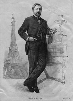 a black and white photo of a man in front of the eiffel tower