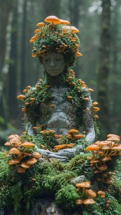 a buddha statue covered in plants and mushrooms