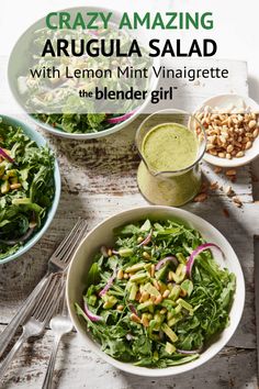 a salad with lemon mint vinaigrete dressing in it and the title crazy amazing arugula salad with lemon mint vinaigreate